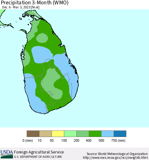 Sri Lanka Precipitation 3-Month (WMO) Thematic Map For 12/6/2022 - 3/5/2023