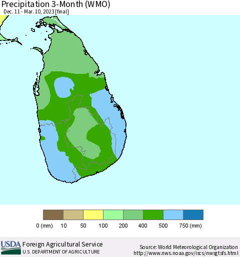 Sri Lanka Precipitation 3-Month (WMO) Thematic Map For 12/11/2022 - 3/10/2023