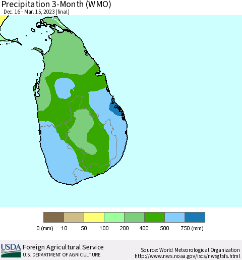 Sri Lanka Precipitation 3-Month (WMO) Thematic Map For 12/16/2022 - 3/15/2023