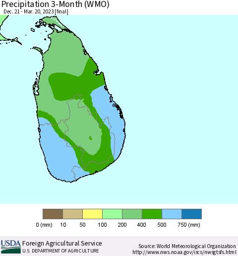 Sri Lanka Precipitation 3-Month (WMO) Thematic Map For 12/21/2022 - 3/20/2023