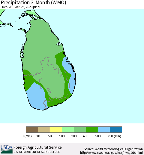 Sri Lanka Precipitation 3-Month (WMO) Thematic Map For 12/26/2022 - 3/25/2023