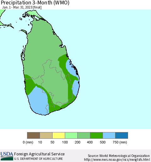 Sri Lanka Precipitation 3-Month (WMO) Thematic Map For 1/1/2023 - 3/31/2023