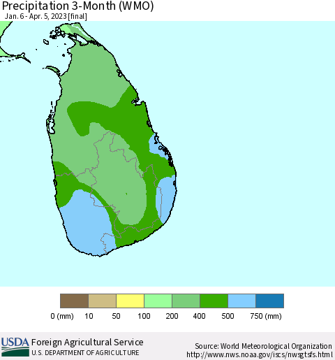 Sri Lanka Precipitation 3-Month (WMO) Thematic Map For 1/6/2023 - 4/5/2023