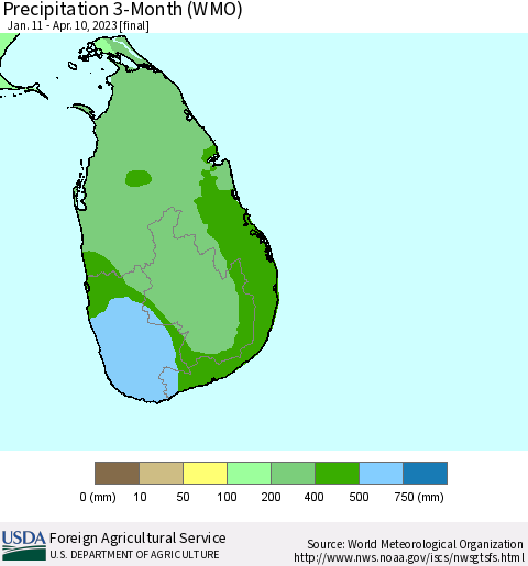 Sri Lanka Precipitation 3-Month (WMO) Thematic Map For 1/11/2023 - 4/10/2023