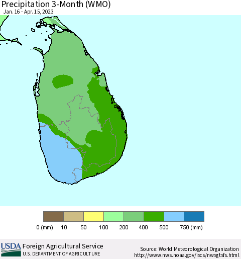 Sri Lanka Precipitation 3-Month (WMO) Thematic Map For 1/16/2023 - 4/15/2023