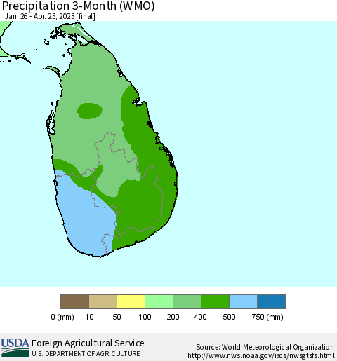 Sri Lanka Precipitation 3-Month (WMO) Thematic Map For 1/26/2023 - 4/25/2023