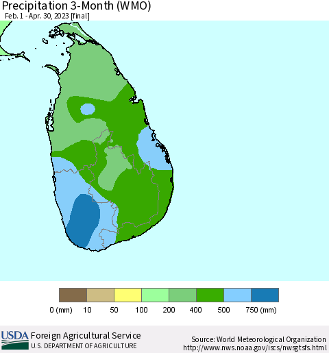 Sri Lanka Precipitation 3-Month (WMO) Thematic Map For 2/1/2023 - 4/30/2023