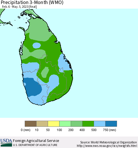 Sri Lanka Precipitation 3-Month (WMO) Thematic Map For 2/6/2023 - 5/5/2023