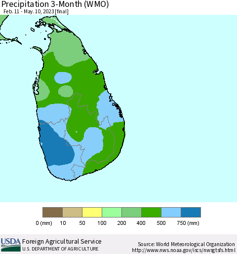 Sri Lanka Precipitation 3-Month (WMO) Thematic Map For 2/11/2023 - 5/10/2023