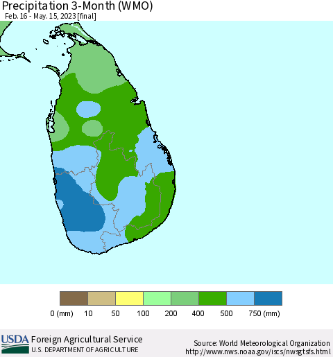 Sri Lanka Precipitation 3-Month (WMO) Thematic Map For 2/16/2023 - 5/15/2023