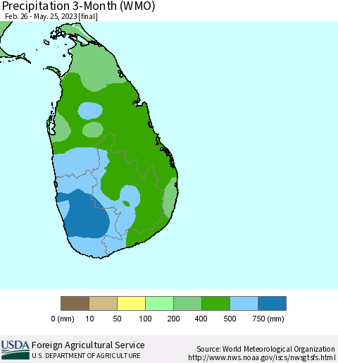 Sri Lanka Precipitation 3-Month (WMO) Thematic Map For 2/26/2023 - 5/25/2023