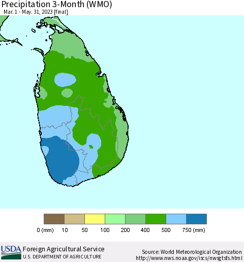Sri Lanka Precipitation 3-Month (WMO) Thematic Map For 3/1/2023 - 5/31/2023