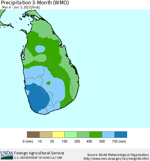 Sri Lanka Precipitation 3-Month (WMO) Thematic Map For 3/6/2023 - 6/5/2023