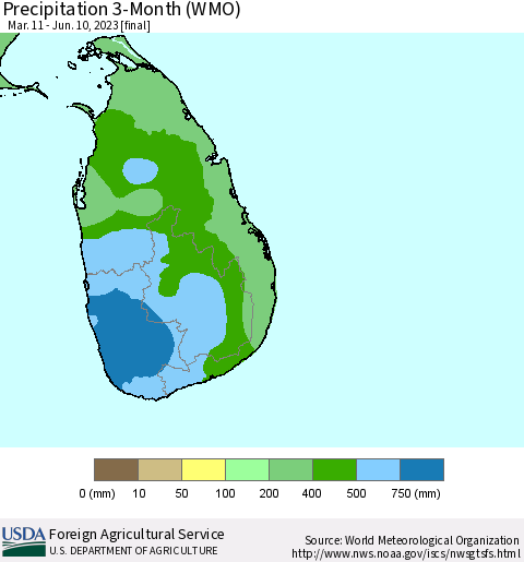 Sri Lanka Precipitation 3-Month (WMO) Thematic Map For 3/11/2023 - 6/10/2023