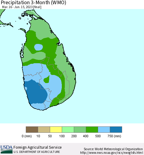 Sri Lanka Precipitation 3-Month (WMO) Thematic Map For 3/16/2023 - 6/15/2023