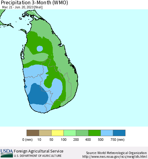 Sri Lanka Precipitation 3-Month (WMO) Thematic Map For 3/21/2023 - 6/20/2023