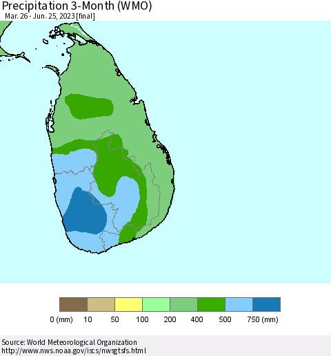Sri Lanka Precipitation 3-Month (WMO) Thematic Map For 3/26/2023 - 6/25/2023