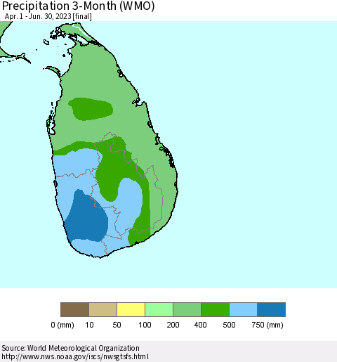 Sri Lanka Precipitation 3-Month (WMO) Thematic Map For 4/1/2023 - 6/30/2023