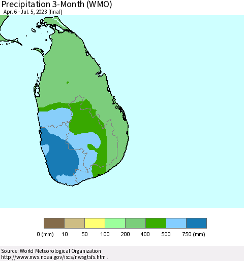 Sri Lanka Precipitation 3-Month (WMO) Thematic Map For 4/6/2023 - 7/5/2023