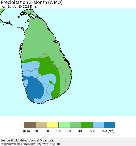 Sri Lanka Precipitation 3-Month (WMO) Thematic Map For 4/11/2023 - 7/10/2023