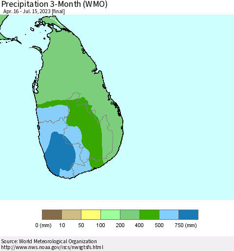 Sri Lanka Precipitation 3-Month (WMO) Thematic Map For 4/16/2023 - 7/15/2023