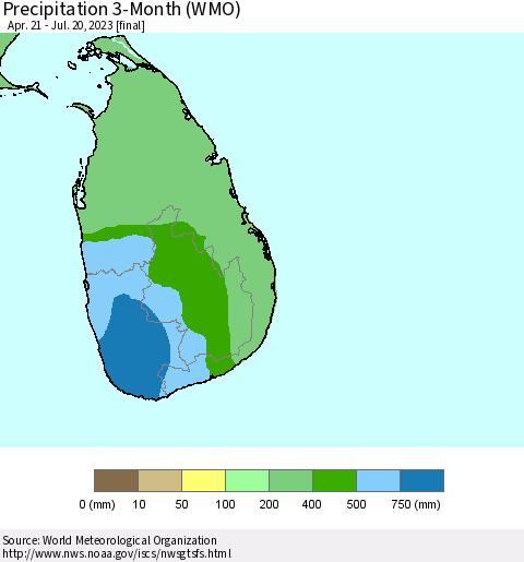 Sri Lanka Precipitation 3-Month (WMO) Thematic Map For 4/21/2023 - 7/20/2023