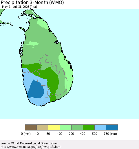 Sri Lanka Precipitation 3-Month (WMO) Thematic Map For 5/1/2023 - 7/31/2023