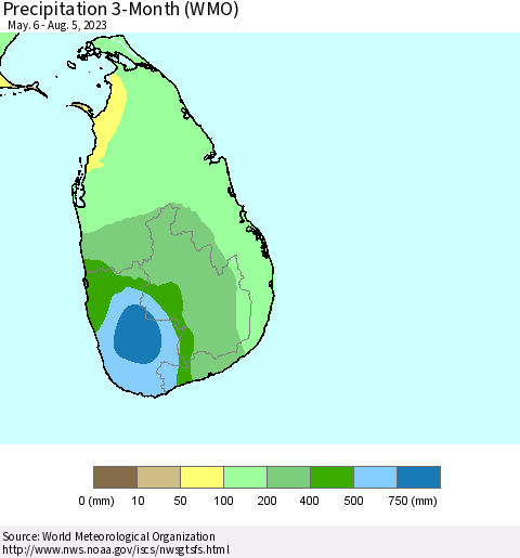 Sri Lanka Precipitation 3-Month (WMO) Thematic Map For 5/6/2023 - 8/5/2023