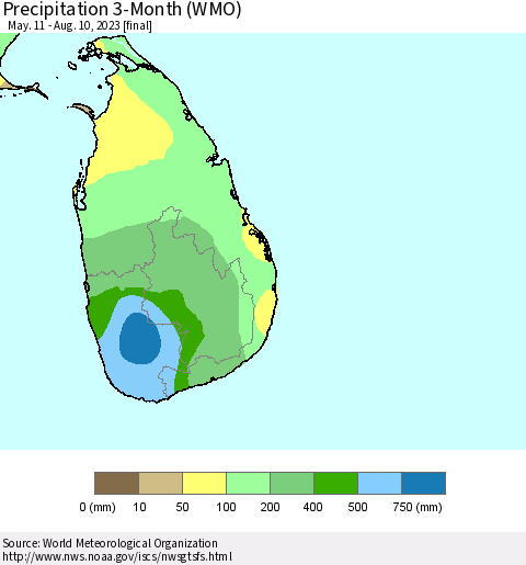 Sri Lanka Precipitation 3-Month (WMO) Thematic Map For 5/11/2023 - 8/10/2023