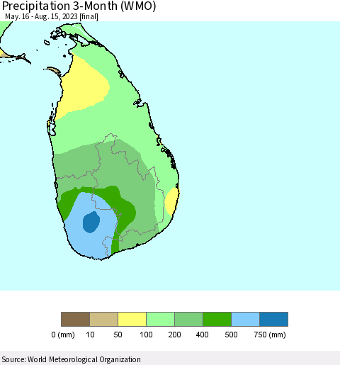 Sri Lanka Precipitation 3-Month (WMO) Thematic Map For 5/16/2023 - 8/15/2023