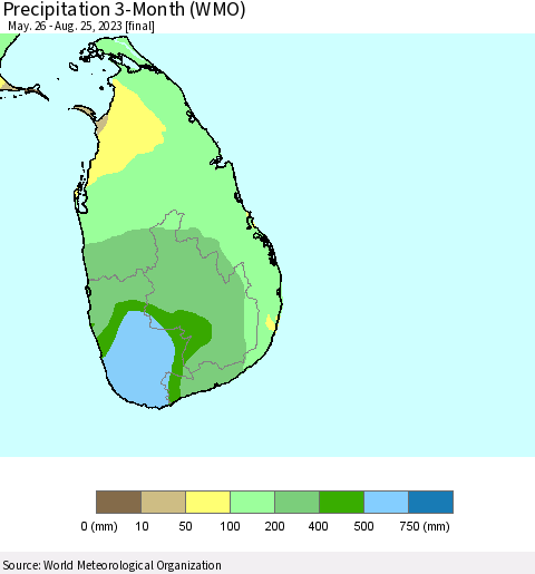 Sri Lanka Precipitation 3-Month (WMO) Thematic Map For 5/26/2023 - 8/25/2023
