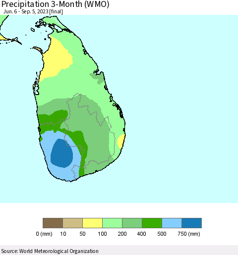 Sri Lanka Precipitation 3-Month (WMO) Thematic Map For 6/6/2023 - 9/5/2023