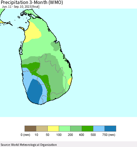 Sri Lanka Precipitation 3-Month (WMO) Thematic Map For 6/11/2023 - 9/10/2023