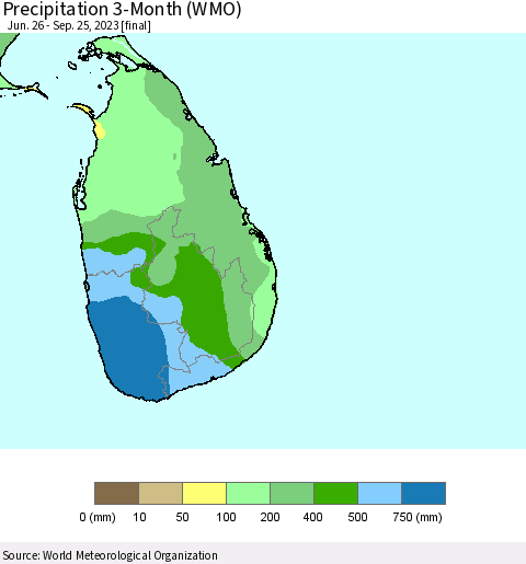Sri Lanka Precipitation 3-Month (WMO) Thematic Map For 6/26/2023 - 9/25/2023