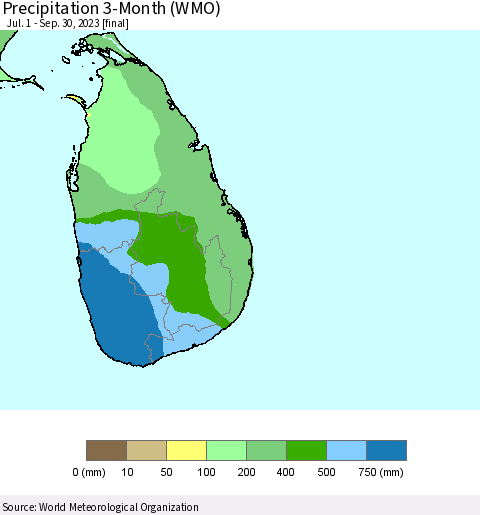 Sri Lanka Precipitation 3-Month (WMO) Thematic Map For 7/1/2023 - 9/30/2023