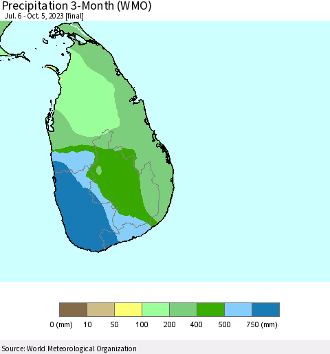 Sri Lanka Precipitation 3-Month (WMO) Thematic Map For 7/6/2023 - 10/5/2023