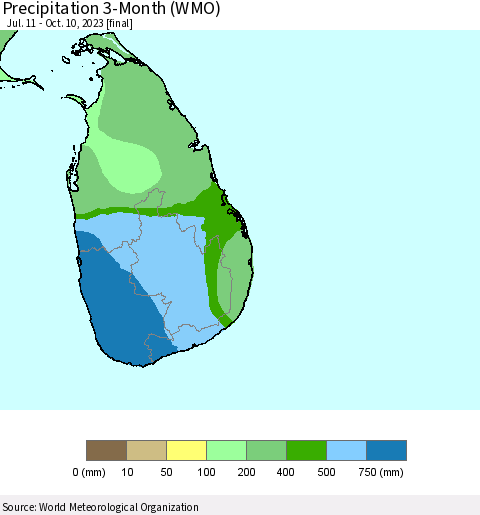 Sri Lanka Precipitation 3-Month (WMO) Thematic Map For 7/11/2023 - 10/10/2023