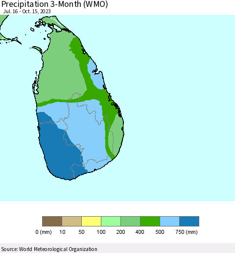 Sri Lanka Precipitation 3-Month (WMO) Thematic Map For 7/16/2023 - 10/15/2023