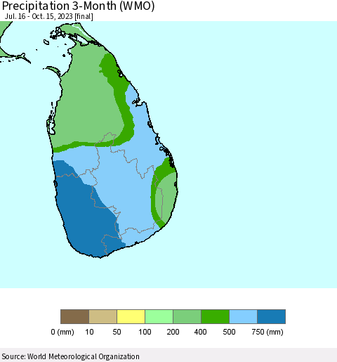 Sri Lanka Precipitation 3-Month (WMO) Thematic Map For 7/16/2023 - 10/15/2023