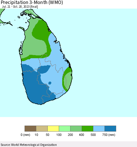 Sri Lanka Precipitation 3-Month (WMO) Thematic Map For 7/21/2023 - 10/20/2023