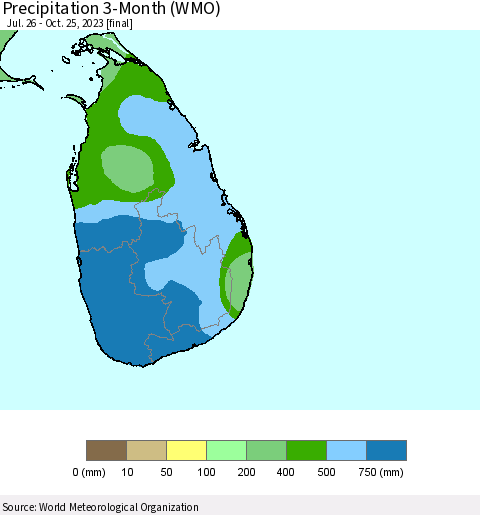 Sri Lanka Precipitation 3-Month (WMO) Thematic Map For 7/26/2023 - 10/25/2023