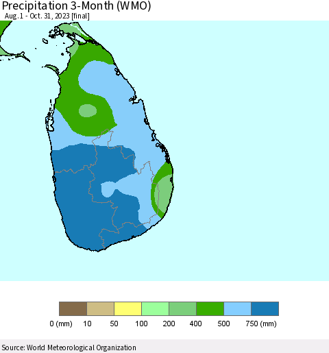 Sri Lanka Precipitation 3-Month (WMO) Thematic Map For 8/1/2023 - 10/31/2023