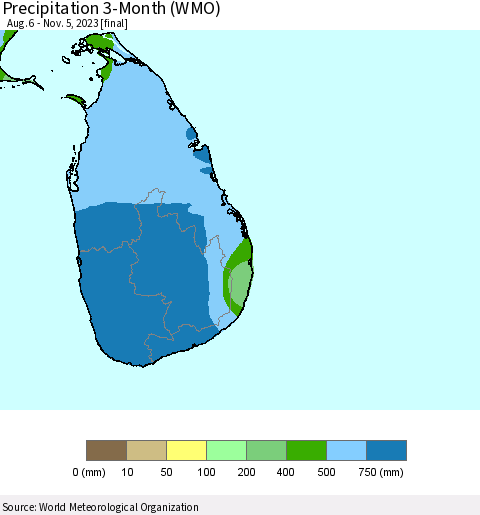 Sri Lanka Precipitation 3-Month (WMO) Thematic Map For 8/6/2023 - 11/5/2023