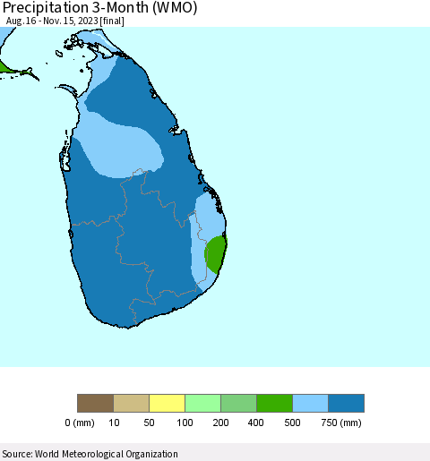 Sri Lanka Precipitation 3-Month (WMO) Thematic Map For 8/16/2023 - 11/15/2023