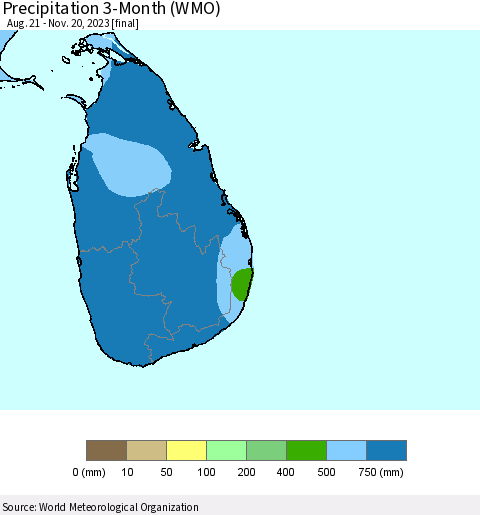 Sri Lanka Precipitation 3-Month (WMO) Thematic Map For 8/21/2023 - 11/20/2023