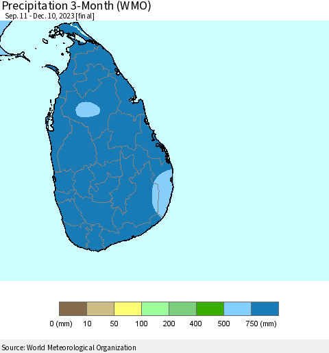 Sri Lanka Precipitation 3-Month (WMO) Thematic Map For 9/11/2023 - 12/10/2023