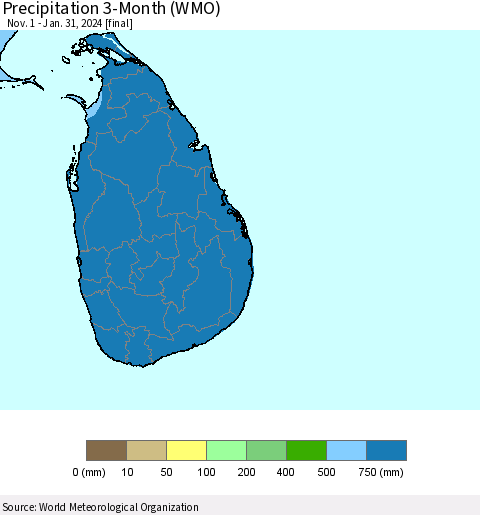 Sri Lanka Precipitation 3-Month (WMO) Thematic Map For 11/1/2023 - 1/31/2024
