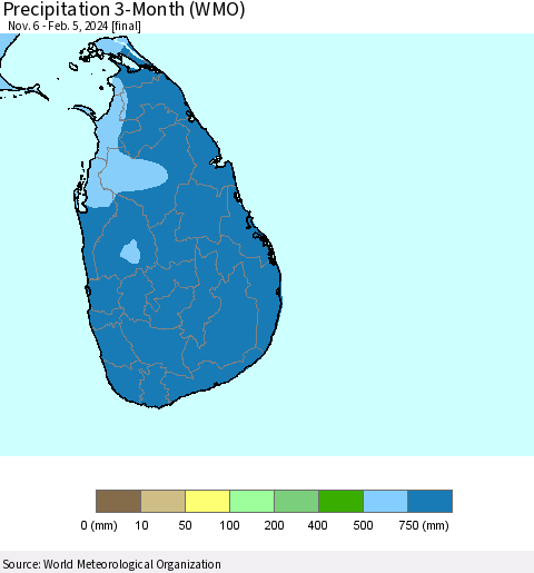Sri Lanka Precipitation 3-Month (WMO) Thematic Map For 11/6/2023 - 2/5/2024