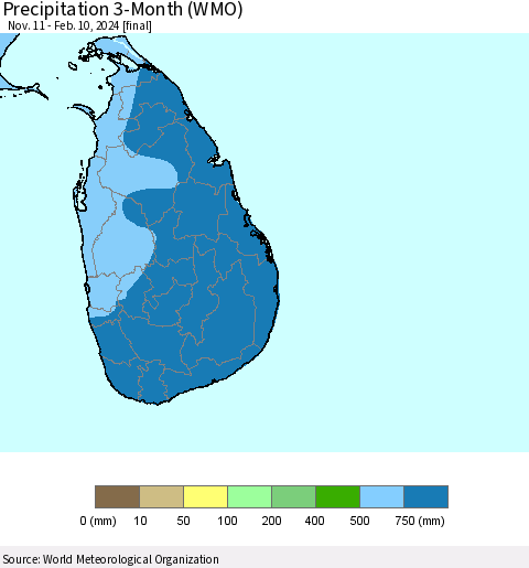 Sri Lanka Precipitation 3-Month (WMO) Thematic Map For 11/11/2023 - 2/10/2024
