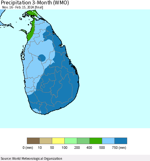 Sri Lanka Precipitation 3-Month (WMO) Thematic Map For 11/16/2023 - 2/15/2024